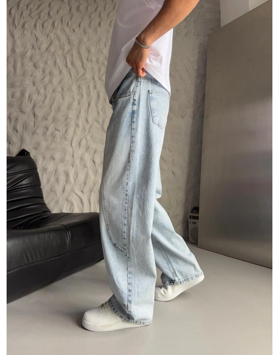 SÜPER BAGGY PARÇA ŞERİTLİ KOT PANTOLON BUZ MAVİ