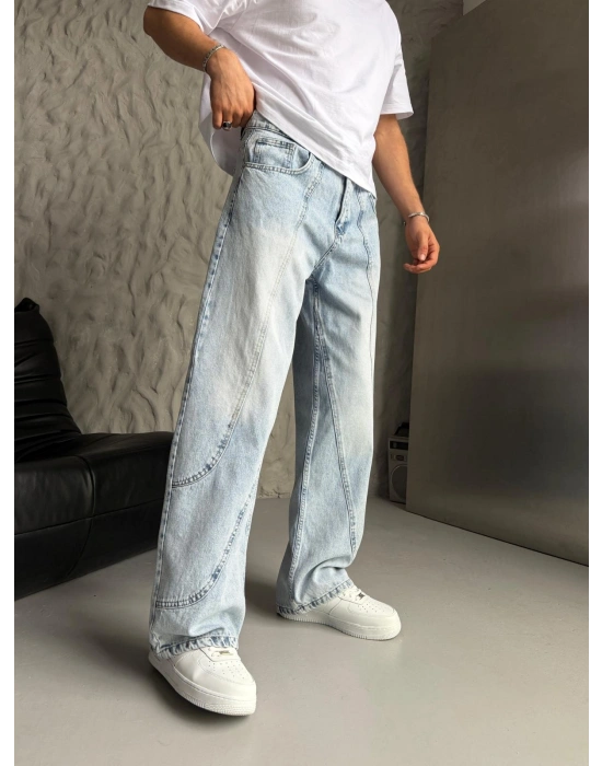 SÜPER BAGGY PARÇA ŞERİTLİ KOT PANTOLON BUZ MAVİ