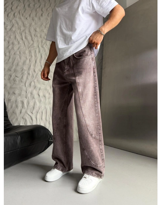 SÜPER BAGGY PARÇA ŞERİTLİ KOT PANTOLON KAHVE