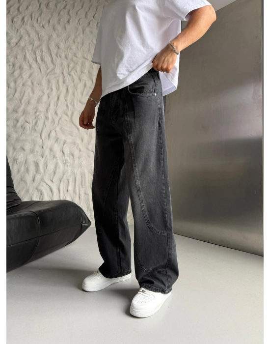 SÜPER BAGGY PARÇA ŞERİTLİ KOT PANTOLON SİYAH