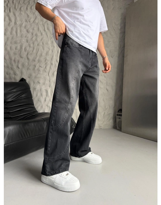 SÜPER BAGGY PARÇA ŞERİTLİ KOT PANTOLON SİYAH