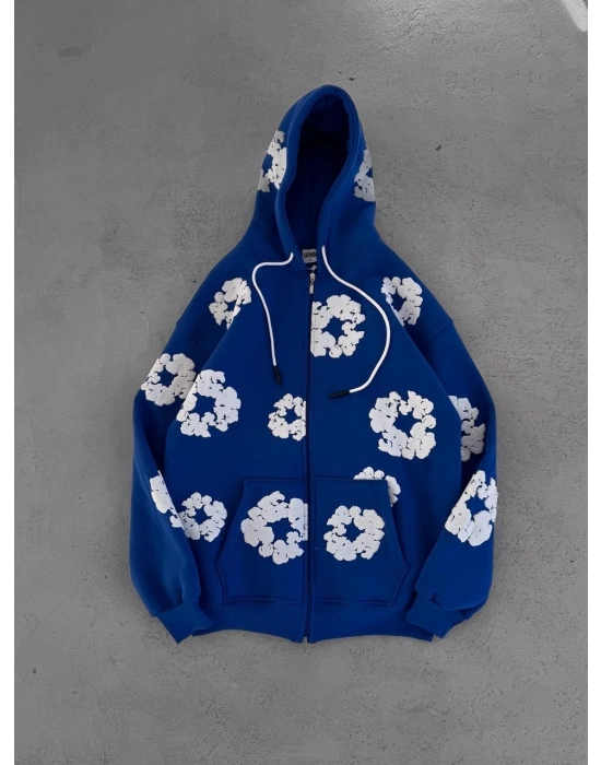 TEARS BASKI OVERSİZE HIRKA MAVİ