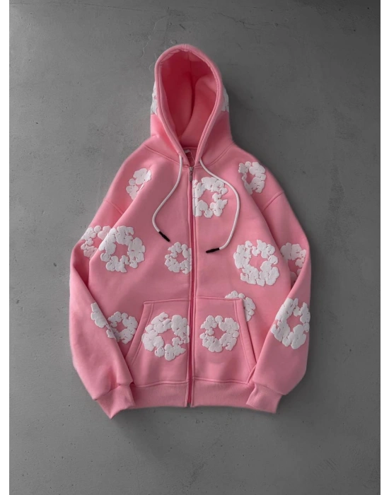 TEARS BASKI OVERSİZE HIRKA PEMBE