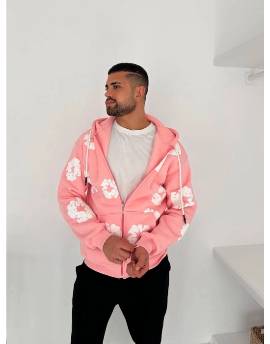 TEARS BASKI OVERSİZE HIRKA PEMBE