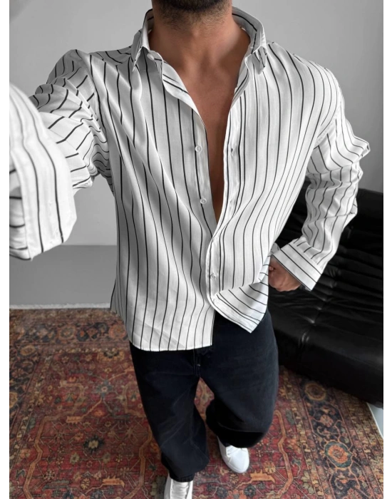 UZUNKOL ÇİZGİLİ MODAL GÖMLEK BEYAZ