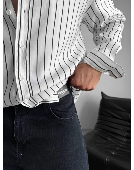 UZUNKOL ÇİZGİLİ MODAL GÖMLEK BEYAZ