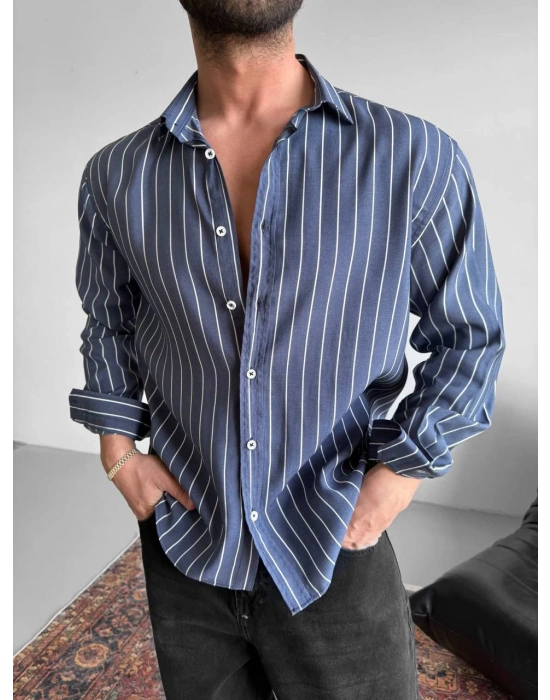 UZUNKOL ÇİZGİLİ MODAL GÖMLEK LACİVERT