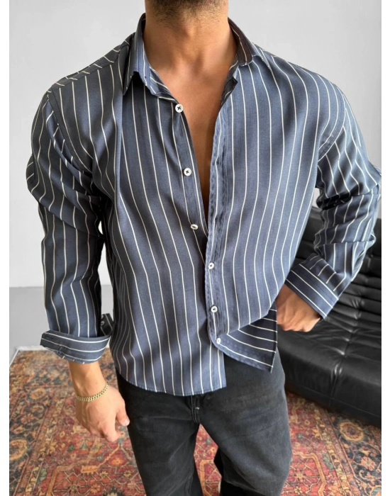 UZUNKOL ÇİZGİLİ MODAL GÖMLEK LACİVERT