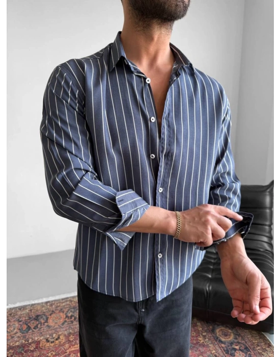 UZUNKOL ÇİZGİLİ MODAL GÖMLEK LACİVERT