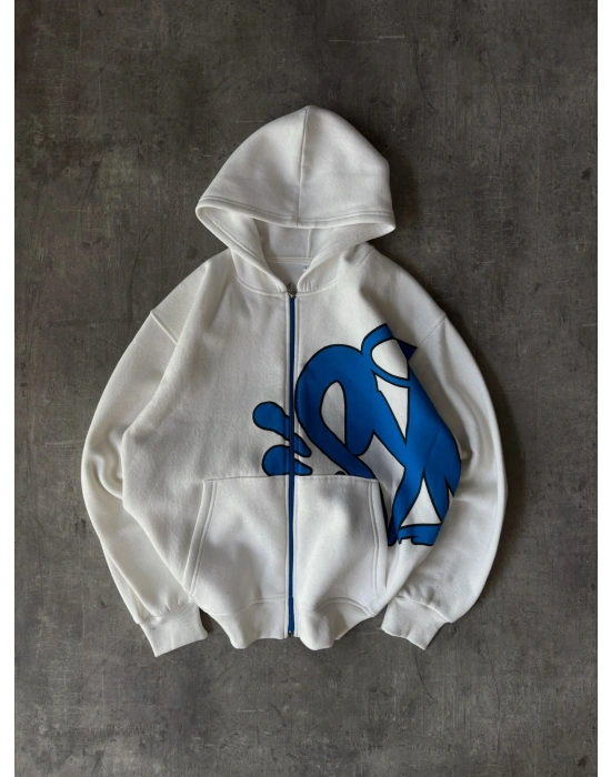 YANDAN GRAFİT BASKI OVERSİZE HIRKA BEYAZ