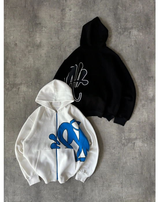 YANDAN GRAFİT BASKI OVERSİZE HIRKA SİYAH