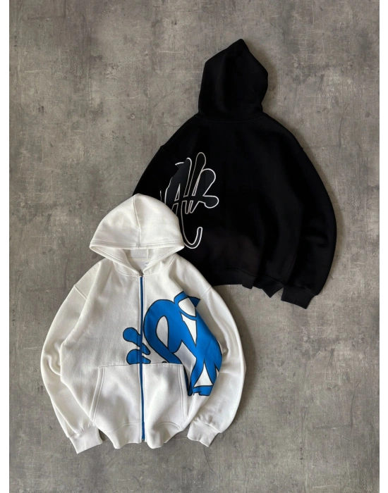 YANDAN GRAFİT BASKI OVERSİZE HIRKA SİYAH