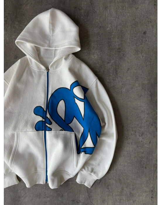 YANDAN GRAFİT BASKI OVERSİZE HIRKA BEYAZ