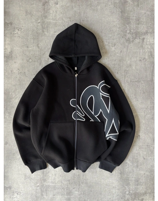 YANDAN GRAFİT BASKI OVERSİZE HIRKA SİYAH