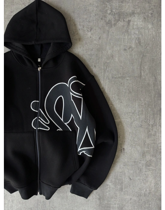 YANDAN GRAFİT BASKI OVERSİZE HIRKA SİYAH