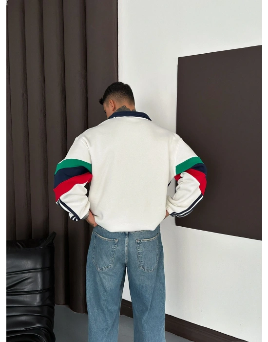 YANLARDAN PARÇALI İTALY POLO YAKA SWEAT BEYAZ