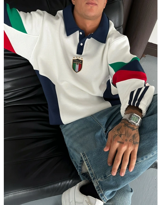 YANLARDAN PARÇALI İTALY POLO YAKA SWEAT BEYAZ