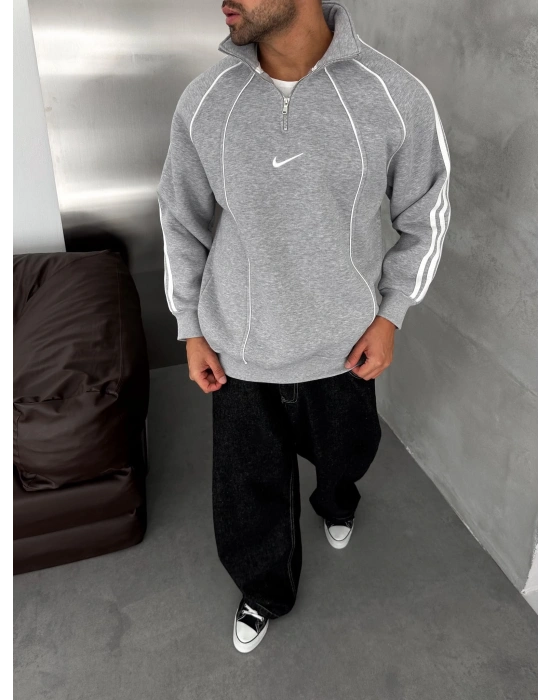 YARIM FERMUAR NK FUL BİYELİ OVERSİZE SWEAT GRİ