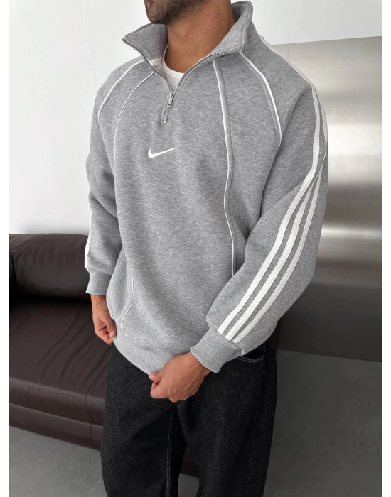 YARIM FERMUAR NK FUL BİYELİ OVERSİZE SWEAT GRİ