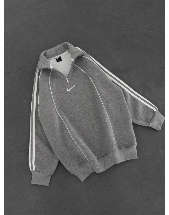 YARIM FERMUAR NK FUL BİYELİ OVERSİZE SWEAT GRİ