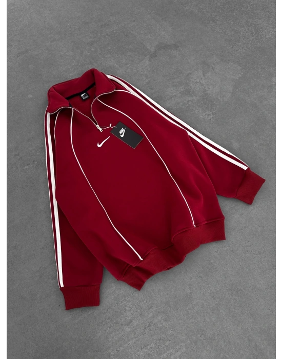 YARIM FERMUAR NK FUL BİYELİ OVERSİZE SWEAT KIRMIZI
