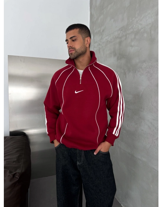 YARIM FERMUAR NK FUL BİYELİ OVERSİZE SWEAT KIRMIZI