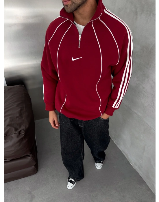 YARIM FERMUAR NK FUL BİYELİ OVERSİZE SWEAT KIRMIZI