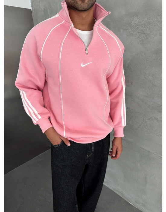 YARIM FERMUAR NK FUL BİYELİ OVERSİZE SWEAT PEMBE