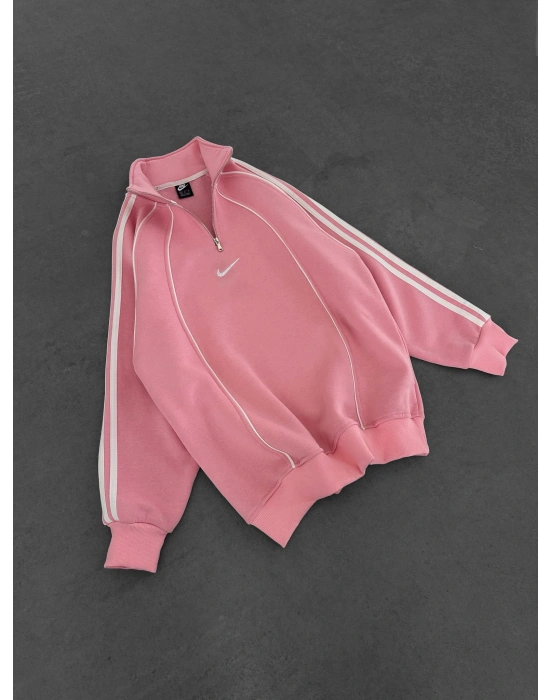 YARIM FERMUAR NK FUL BİYELİ OVERSİZE SWEAT PEMBE