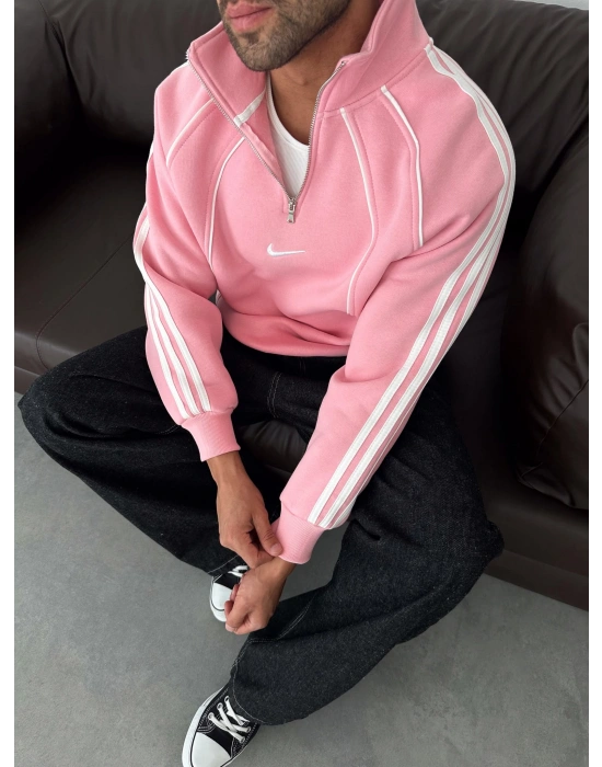 YARIM FERMUAR NK FUL BİYELİ OVERSİZE SWEAT PEMBE