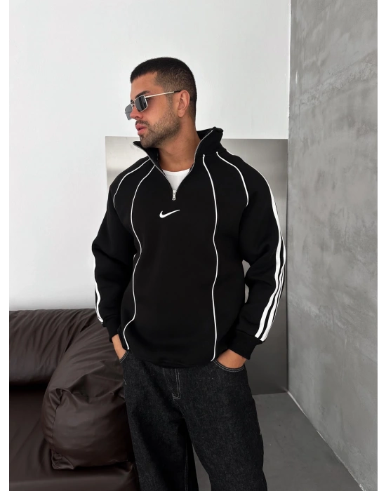 YARIM FERMUAR NK FUL BİYELİ OVERSİZE SWEAT SİYAH