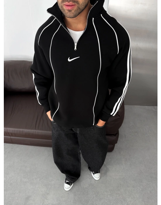 YARIM FERMUAR NK FUL BİYELİ OVERSİZE SWEAT SİYAH