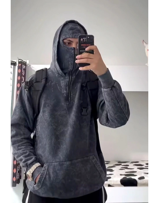 YARIM FERMUAR YIKAMALI OVERSİZE MASKE HIRKA GRİ