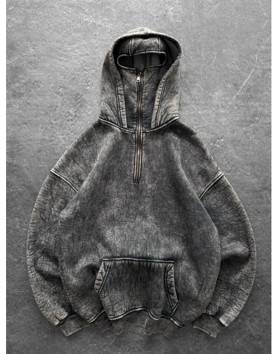 YARIM FERMUAR YIKAMALI OVERSİZE MASKE HIRKA GRİ