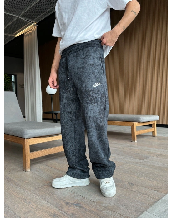 YIKAMALI KÜÇÜK NAKIŞ NK 2 İPLİK PAÇA LASTİKLİ EŞOFMAN ALTI SİYAH