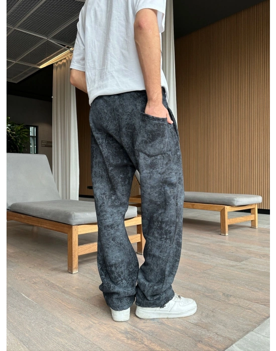 YIKAMALI KÜÇÜK NAKIŞ NK 2 İPLİK PAÇA LASTİKLİ EŞOFMAN ALTI SİYAH