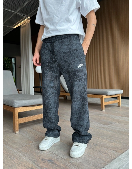 YIKAMALI KÜÇÜK NAKIŞ NK 2 İPLİK PAÇA LASTİKLİ EŞOFMAN ALTI SİYAH