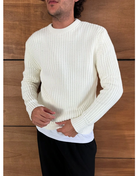 ZİNCİR FİTİLLİ BİSİKLET YAKA KAZAK BEYAZ