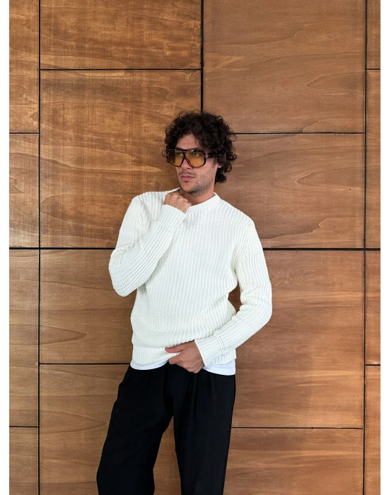 ZİNCİR FİTİLLİ BİSİKLET YAKA KAZAK BEYAZ