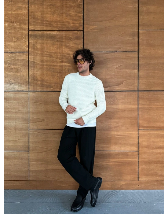 ZİNCİR FİTİLLİ BİSİKLET YAKA KAZAK BEYAZ