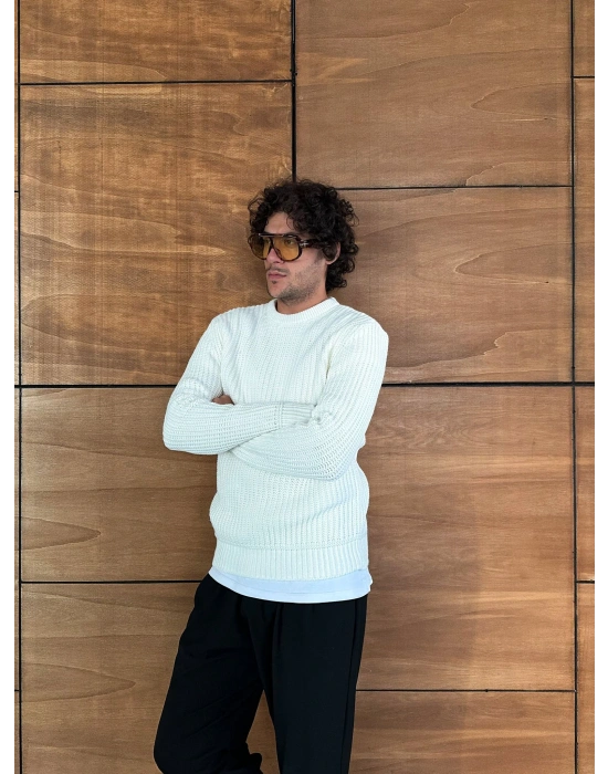 ZİNCİR FİTİLLİ BİSİKLET YAKA KAZAK BEYAZ