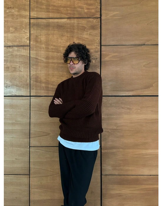 ZİNCİR FİTİLLİ BİSİKLET YAKA KAZAK KAHVE