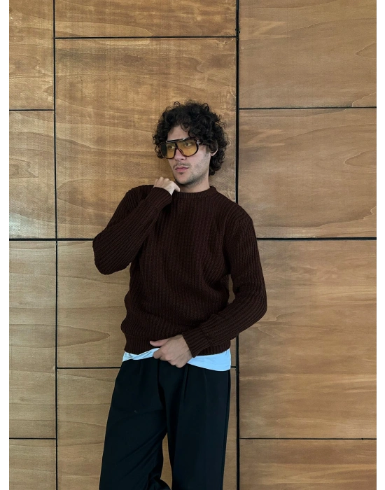 ZİNCİR FİTİLLİ BİSİKLET YAKA KAZAK KAHVE