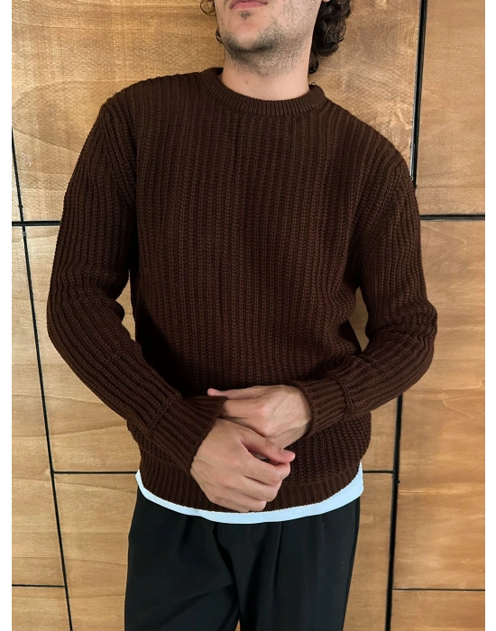 ZİNCİR FİTİLLİ BİSİKLET YAKA KAZAK KAHVE