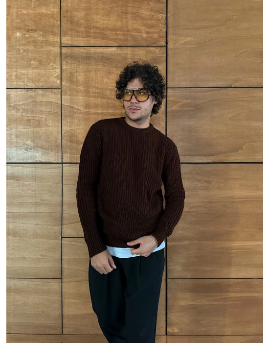 ZİNCİR FİTİLLİ BİSİKLET YAKA KAZAK KAHVE