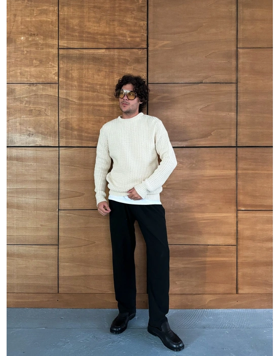 ZİNCİR FİTİLLİ BİSİKLET YAKA KAZAK KREM