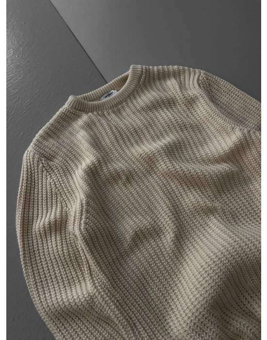 ZİNCİR FİTİLLİ BİSİKLET YAKA KAZAK KREM