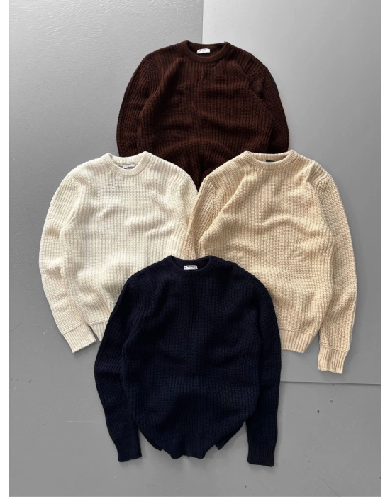 ZİNCİR FİTİLLİ BİSİKLET YAKA KAZAK KREM