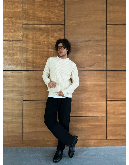 ZİNCİR FİTİLLİ BİSİKLET YAKA KAZAK KREM