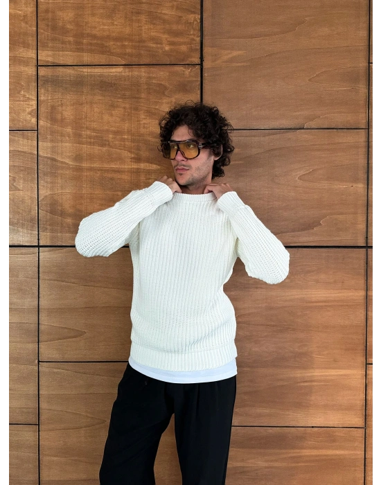 ZİNCİR FİTİLLİ BİSİKLET YAKA KAZAK KREM